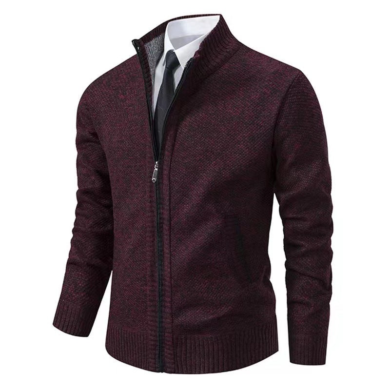 Herren nan melierte Strickzipjacke mit hohem Stehkragen, feiner Struktur und verdeckten Eingrifftaschen Drune