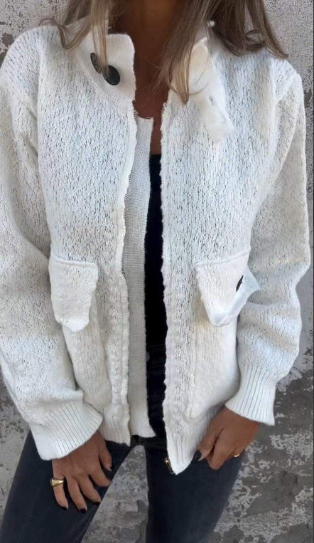 Damen weiche Strickjacke mit wärmeisolierendem Kragen und aufgesetzten Taschen Drune