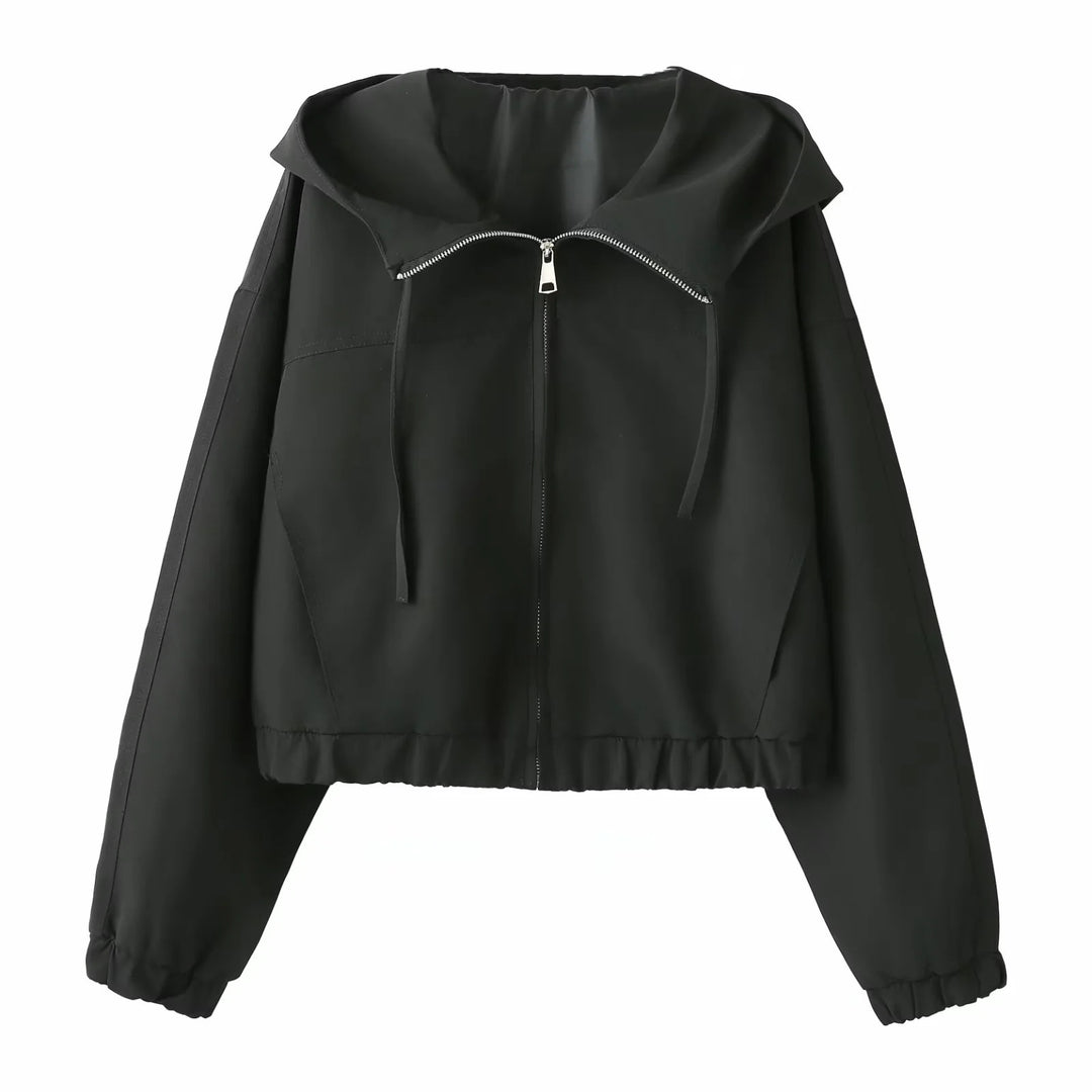 Damen nan kurzgeschnittene Kapuzen-Windjacke mit verdecktem Reißverschluss elastischem Saum und cleanem Oversize-Schnitt Drune