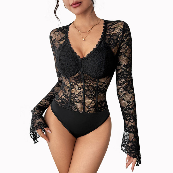 Damen Taillierter Spitzen-Corset-Body mit V-Ausschnitt, langen Trompetenärmeln und formenden Bügeln Drune