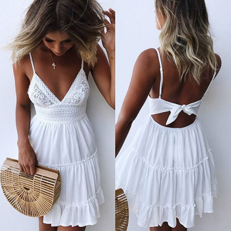 Damen verspieltes Sommerkleid mit Spitzenoberteil und Rüschendetails Drune