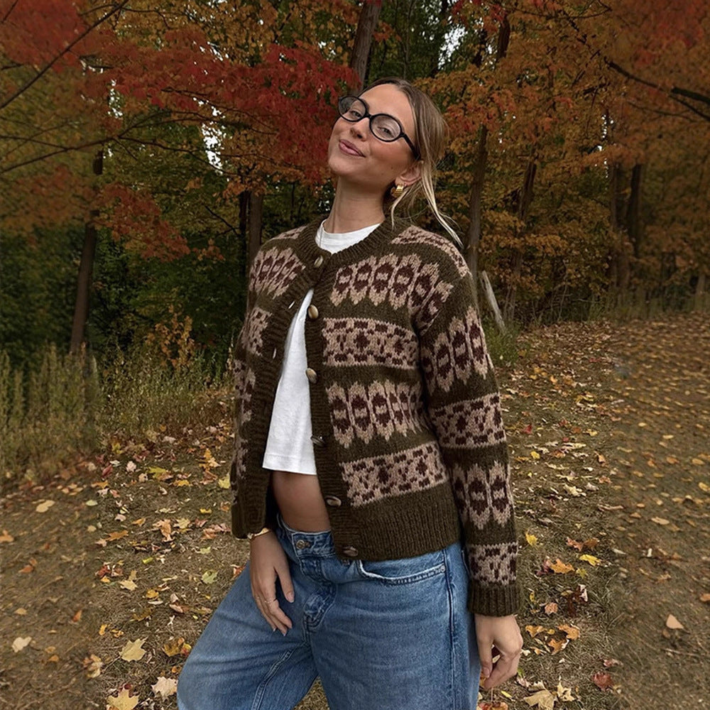 Damen Norwegermuster-Strickjacke mit Knopfleiste und geripptem Saum Drune