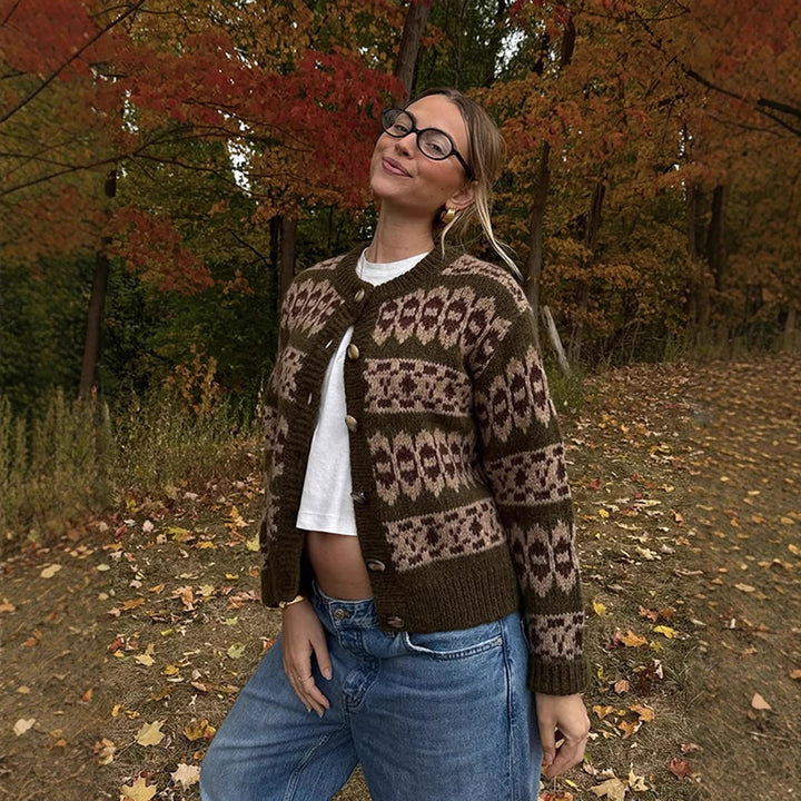 Damen Norwegermuster-Strickjacke mit Knopfleiste und geripptem Saum Drune