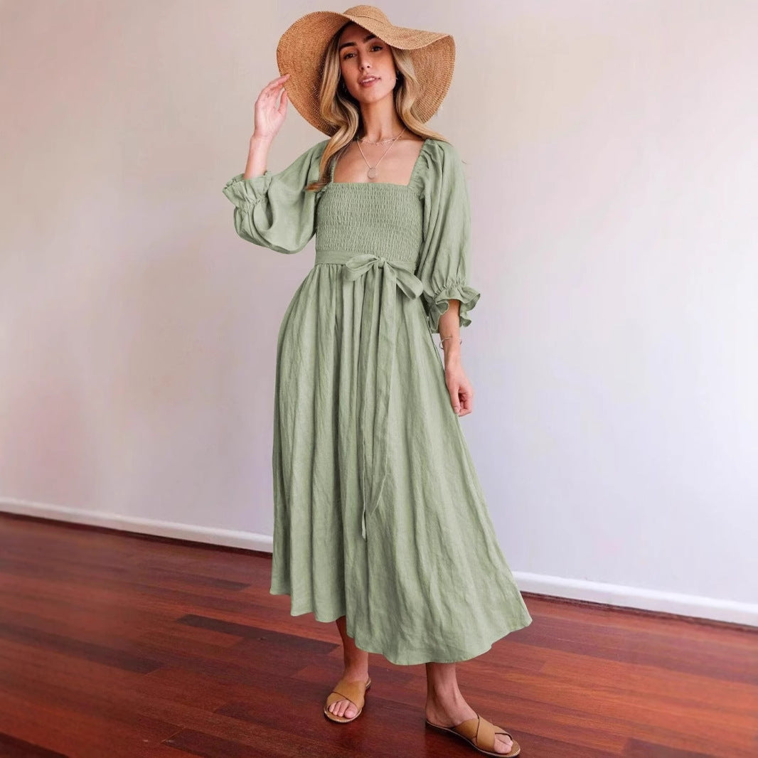 Damen elegantes, tailliertes Maxikleid mit Puffärmeln und Bindegürtel Drune