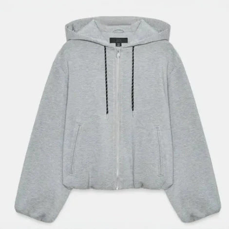Damen Cropped Kapuzen‑Sweatjacke im Bomberstil mit Ballonärmeln Drune