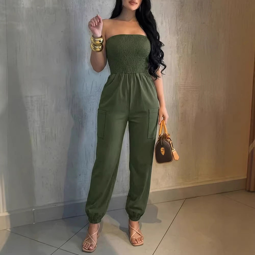Damen Bequemes Jumpsuit mit schulterfreiem Design und praktischen Taschen Drune