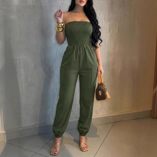Damen Bequemes Jumpsuit mit schulterfreiem Design und praktischen Taschen Drune