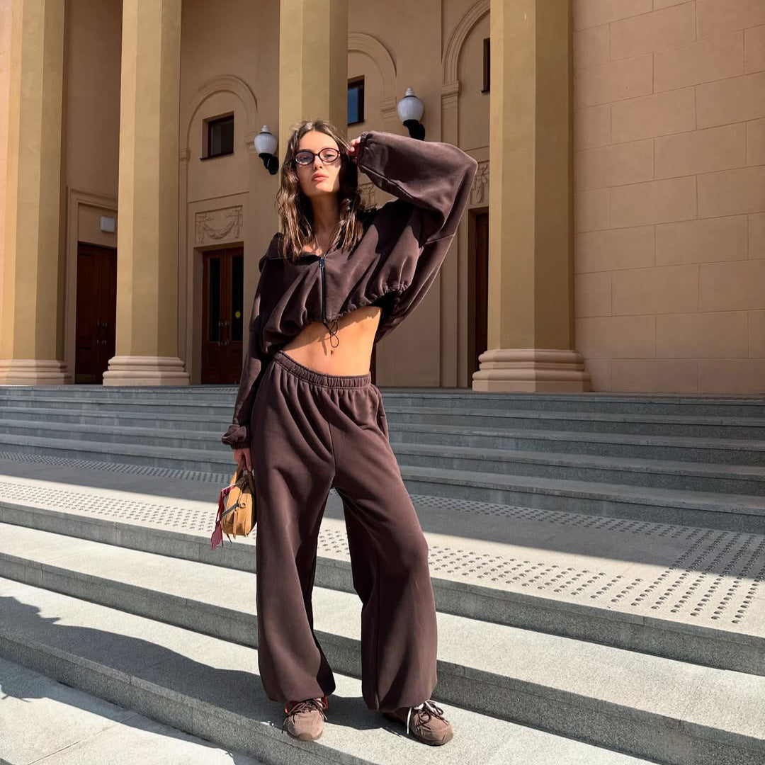 Damen oversized Kapuzenjacke mit Reißverschluss und weiten Jogginghose Lounge-Set Drune