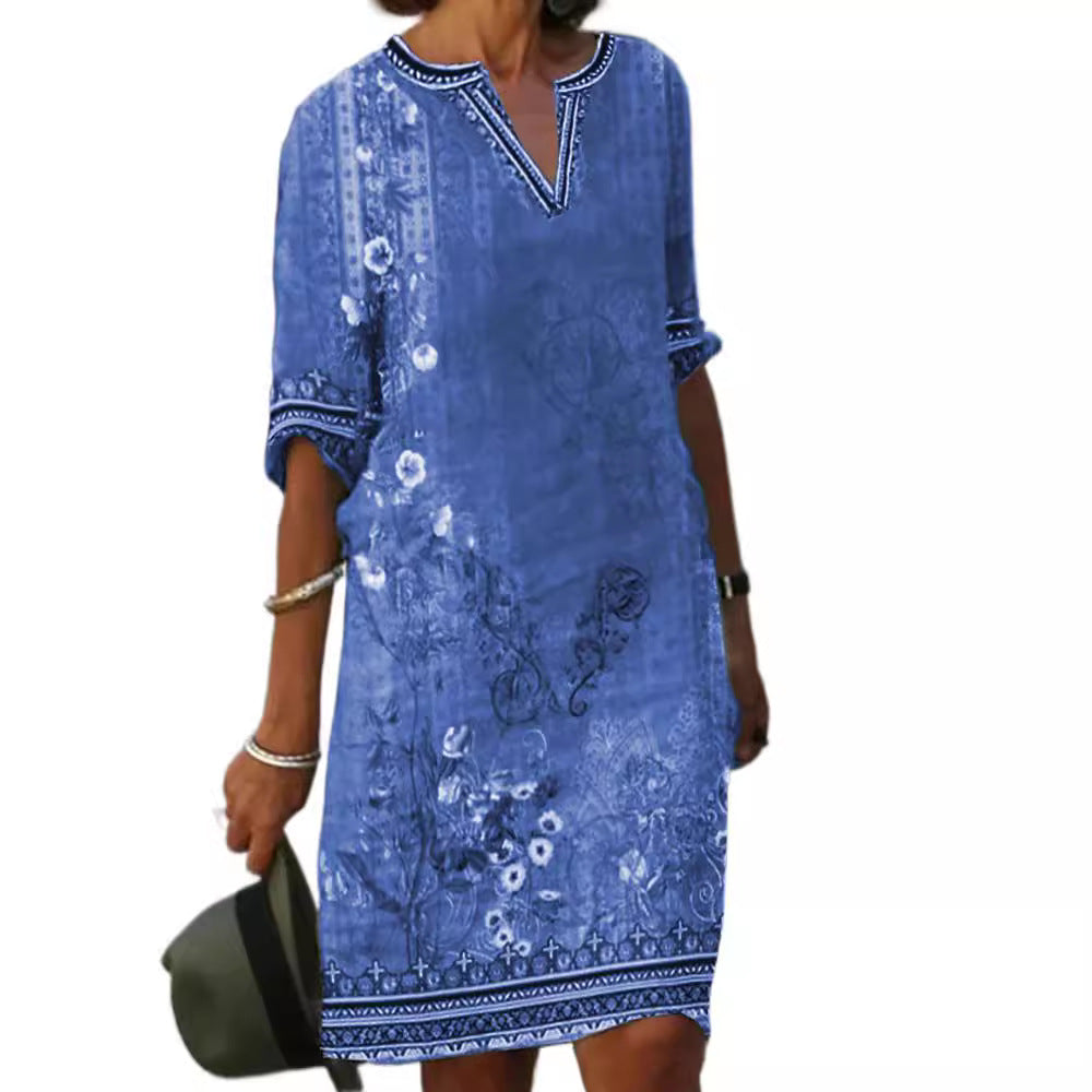Damen Midi-Kleid im Boho-Leinen-Look mit V-Ausschnitt und Dreiviertelärmeln Drune
