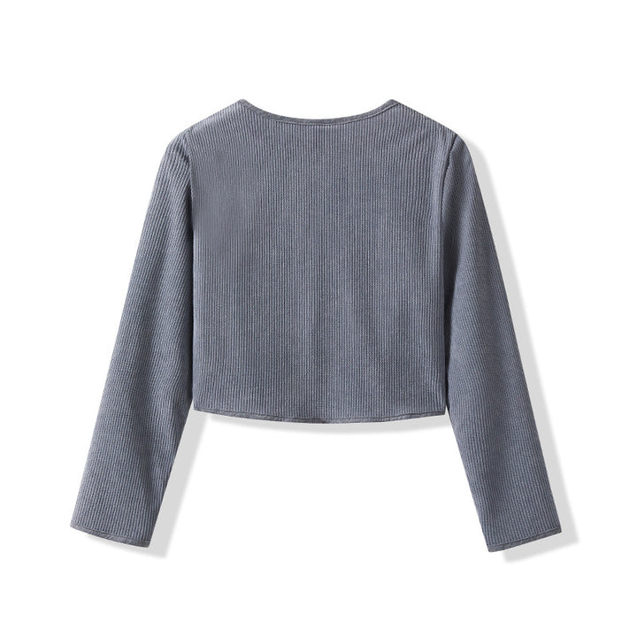 Damen Cropped Rundhals-Cardigan mit Druckknöpfen aus geripptem Strick Drune