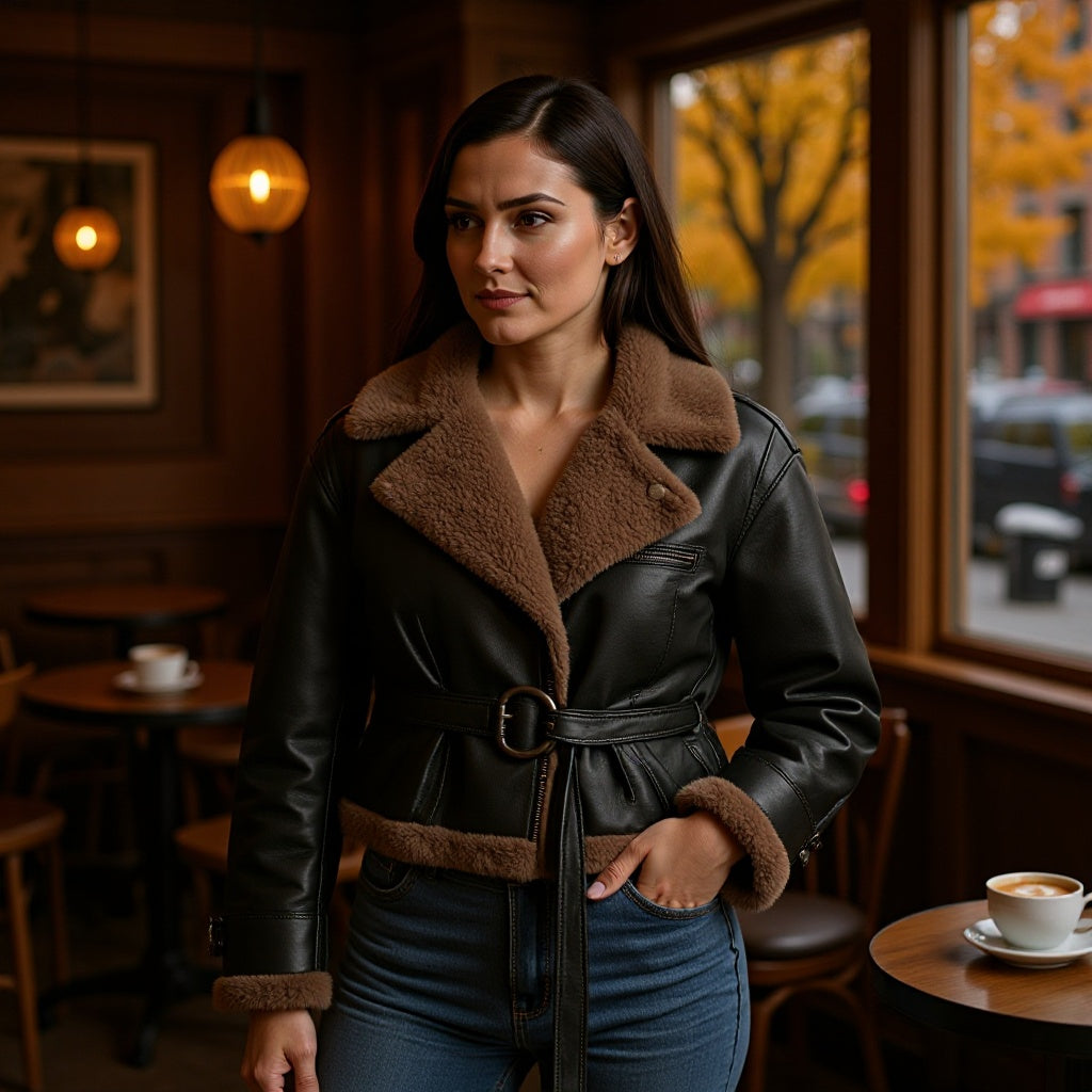 Damen Kurze Fliegerjacke aus Kunstleder mit Teddyfell-Kragen und Taillengürtel Drune