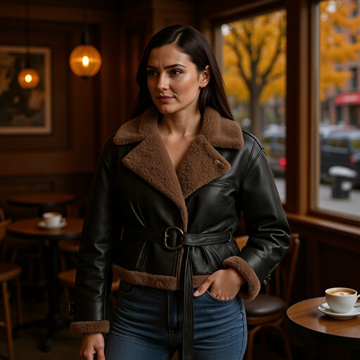 Damen Kurze Fliegerjacke aus Kunstleder mit Teddyfell-Kragen und Taillengürtel Drune