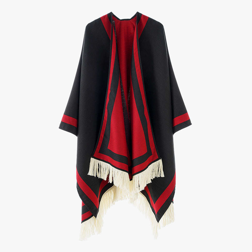Damen Gefütterter Oversize‑Capeponcho im Kimono‑Schnitt mit Kontrastbordüre und Fransensaum Drune
