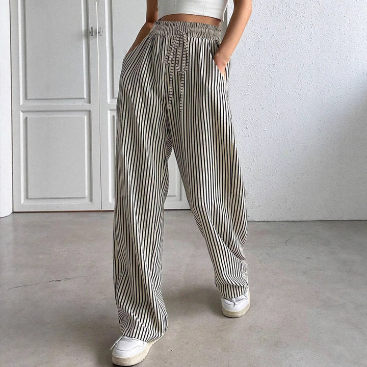 Damen Marlene-Streifenhose aus Leinenmix mit weitem Bein, Elastikbund und Kordelzug Drune