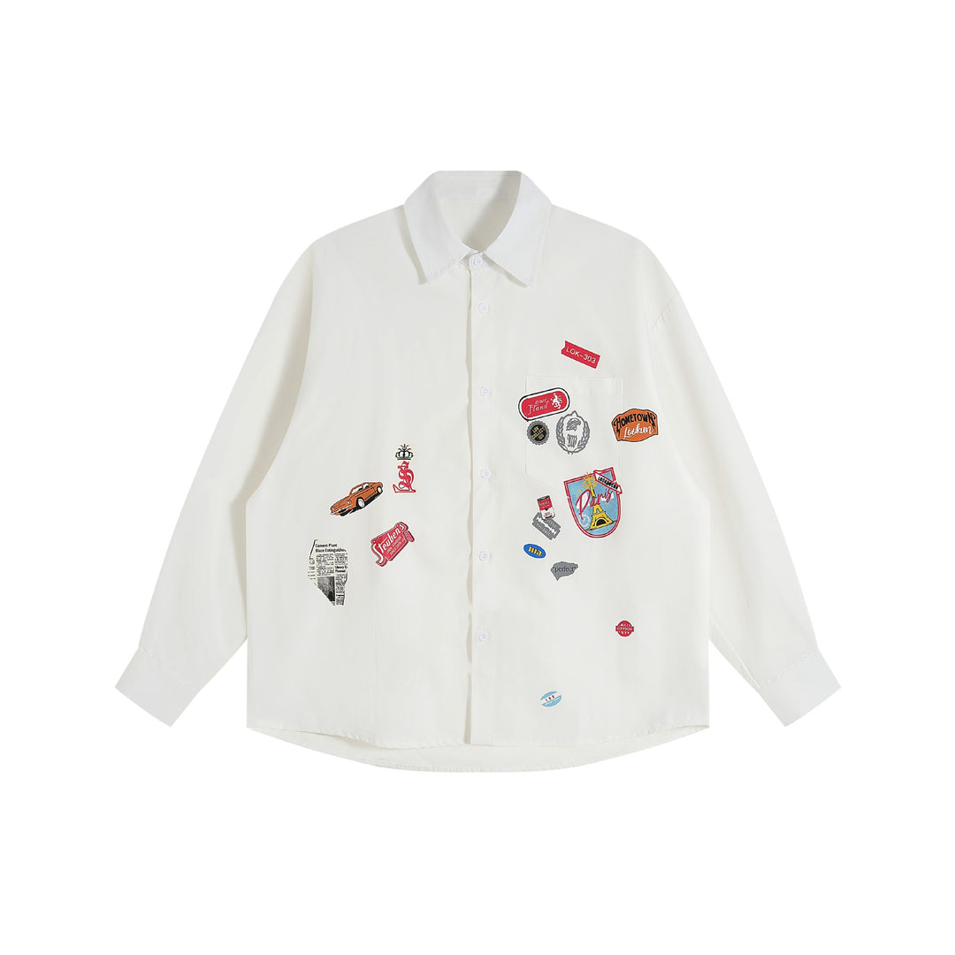 Unisex Lockeres Button-Down-Hemd mit vintage-inspirierten Emblem-Patches und Brusttasche Drune