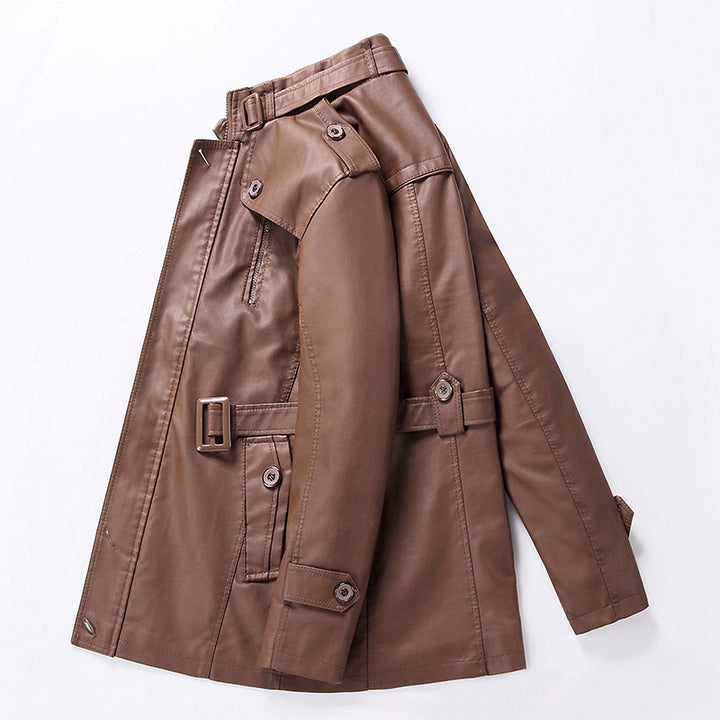 Herren Taillierter Leder-Trench mit Gürtel und Ziernähten Drune
