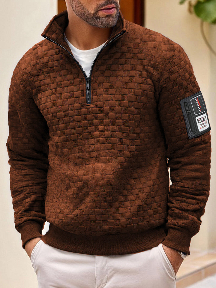 Herren strukturierter Stehkragen-Halbzip-Pullover mit Karosteppung, elastischen Bündchen und Ärmel-Patch Drune