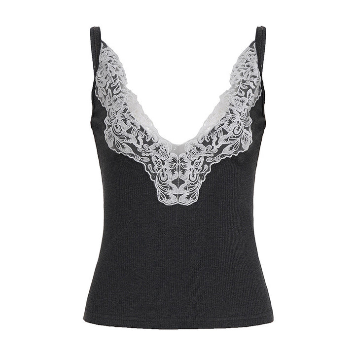 Damen Elegantes Top mit Spitzenverzierung und tiefem V-Ausschnitt Drune