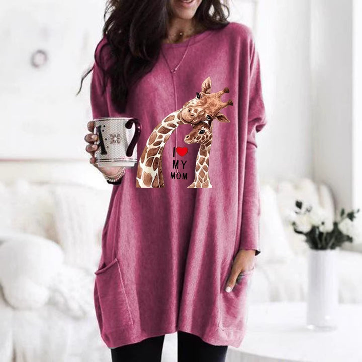 Frauen Übergroße Sweatkleid mit Giraffenmuster, Rundhalsausschnitt und Seitentaschen Drune