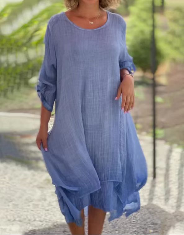 Damen nan weites Musselin-Midikleid mit rundem Halsausschnitt, krempelbaren halblangen Ärmeln und mehrlagigem Stufenrock Drune
