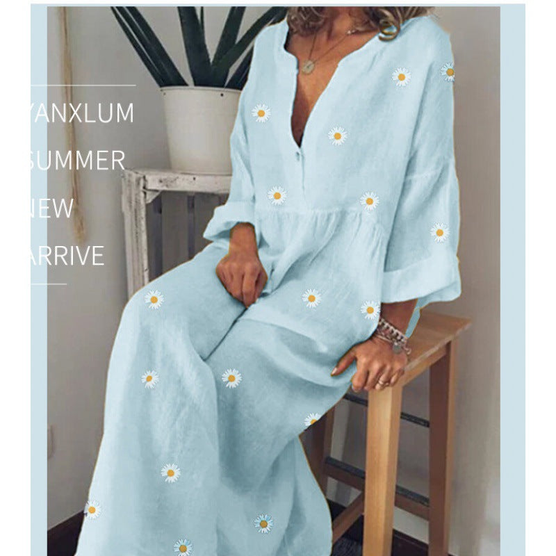 Damen Langes Leinenoptik Maxikleid mit tiefem V‑Ausschnitt, lockerer Empire‑Taillierung und Margeritenprint Drune