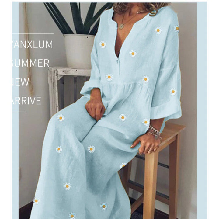 Damen Langes Leinenoptik Maxikleid mit tiefem V‑Ausschnitt, lockerer Empire‑Taillierung und Margeritenprint Drune