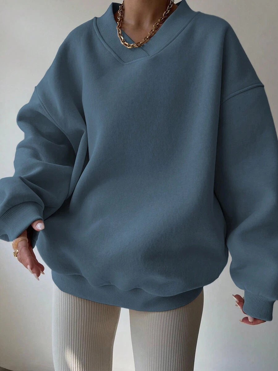 Damen Oversized V-Ausschnitt Sweatshirt mit verstärktem Rippkragen und extraweitem Cut Drune