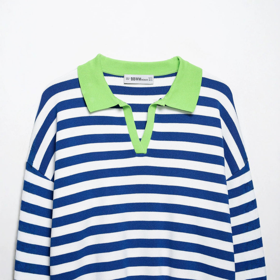 Damen Gestreifter Cropped‑Polo‑Pullover aus Feinstrick mit Ballonärmeln Drune