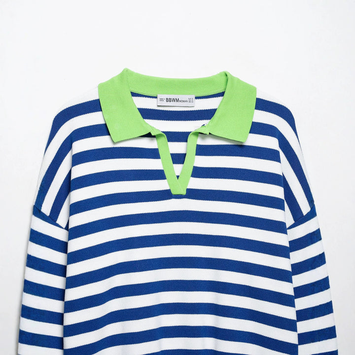Damen Gestreifter Cropped‑Polo‑Pullover aus Feinstrick mit Ballonärmeln Drune