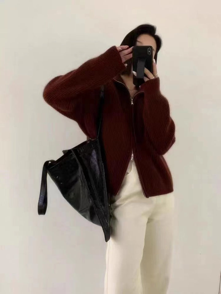 Damen Oversize-Strickjacke mit Reißverschluss, Stehkragen und gerippter Struktur Drune