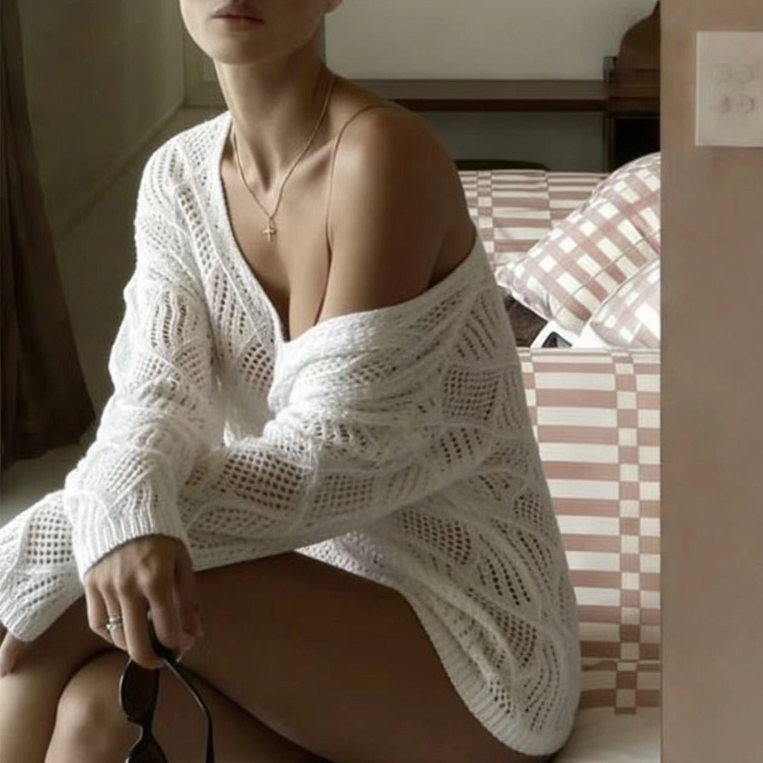 Damen legerer Netzpullover mit V-Ausschnitt und stylischen Details Drune