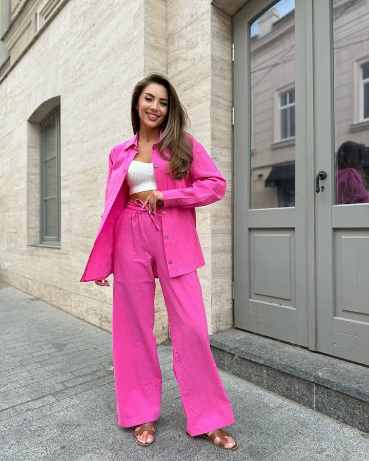 Damen Leichter Leinen-Zweiteiler mit oversized Hemd und High‑Waist Palazzohose Drune