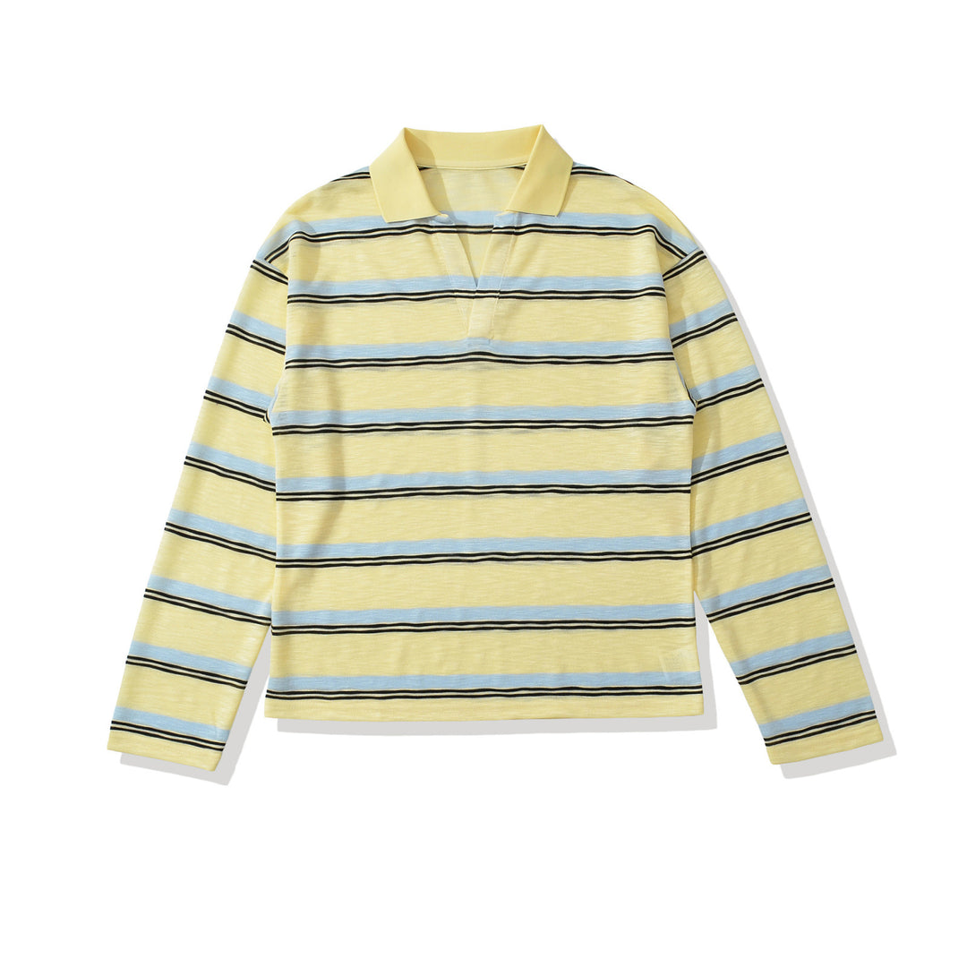 Herren Strick-Poloshirt mit offenem V‑Ausschnitt und feinem Streifenmuster Drune
