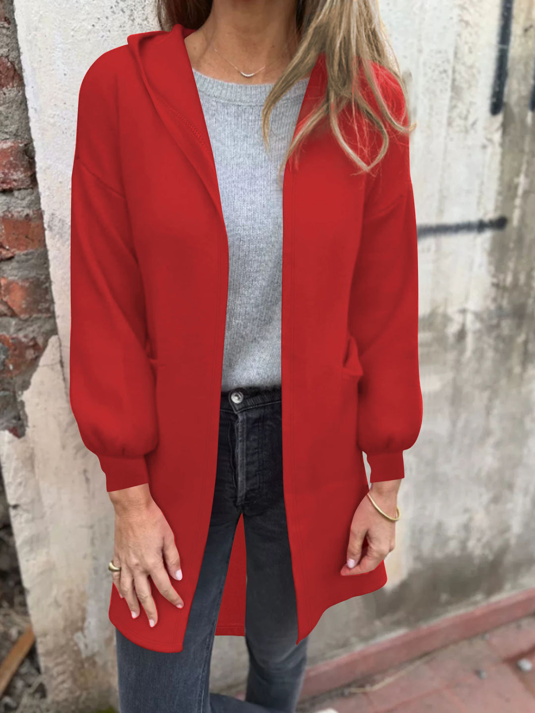 Damen Offener Longblazer mit Kapuze und Eingrifftaschen Drune