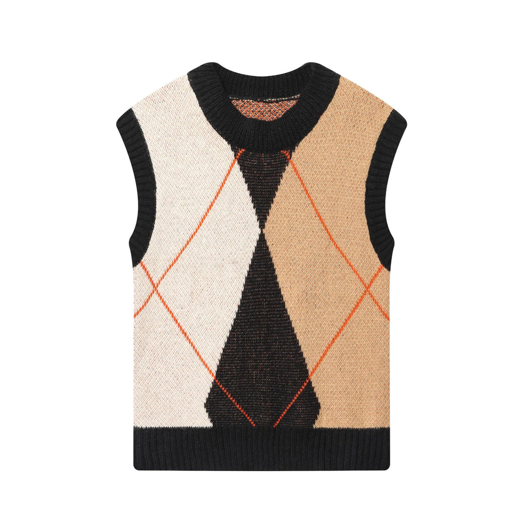 Damen nan Argyle-Strickweste ohne Ärmel mit geripptem Rundhals und kastigem Schnitt Drune