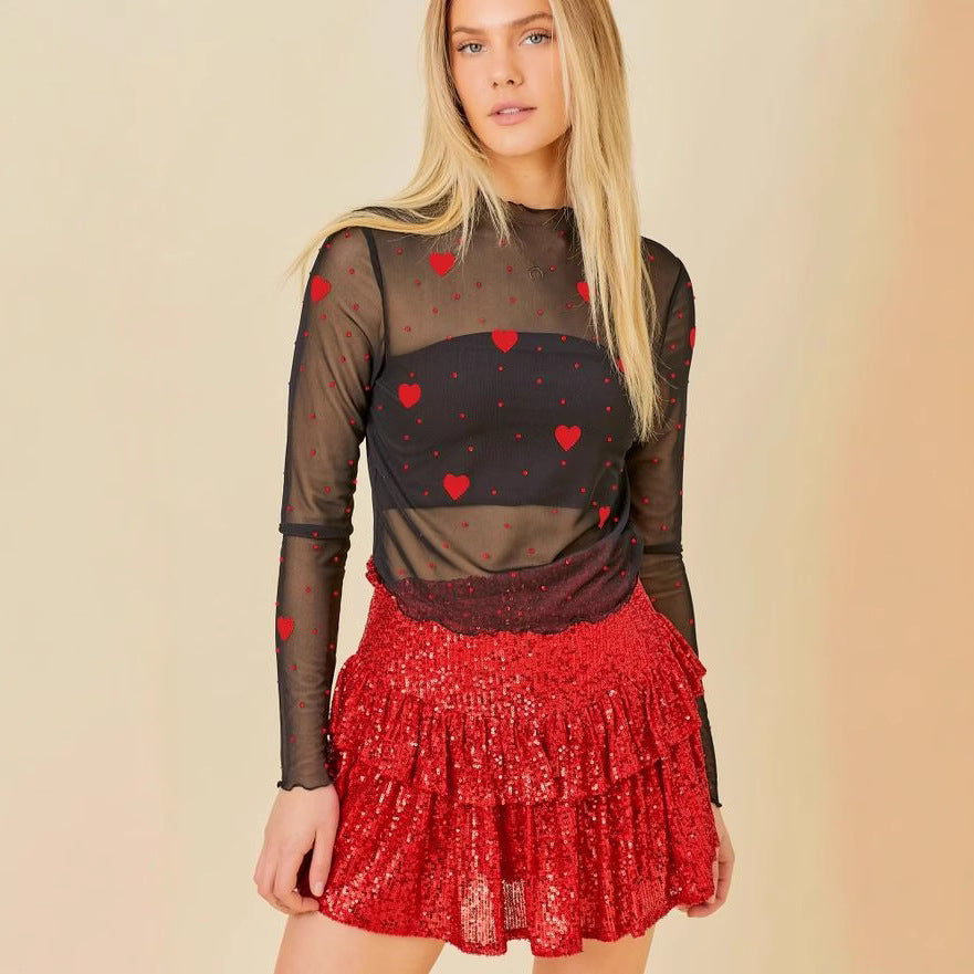 Damen transparenter Langarmbody mit Herzmotiv und Funktionsrock Drune