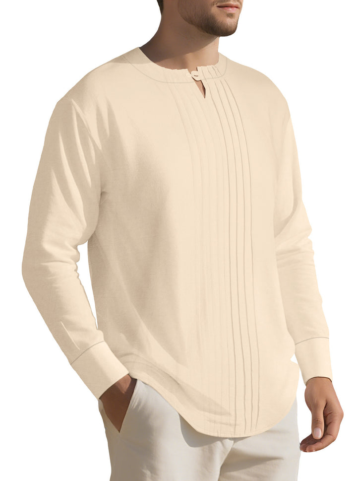 Herren Leichtes Langarmshirt im Leinenlook mit Stehkragen, Kellerfalten und Schlaufenverschluss Drune