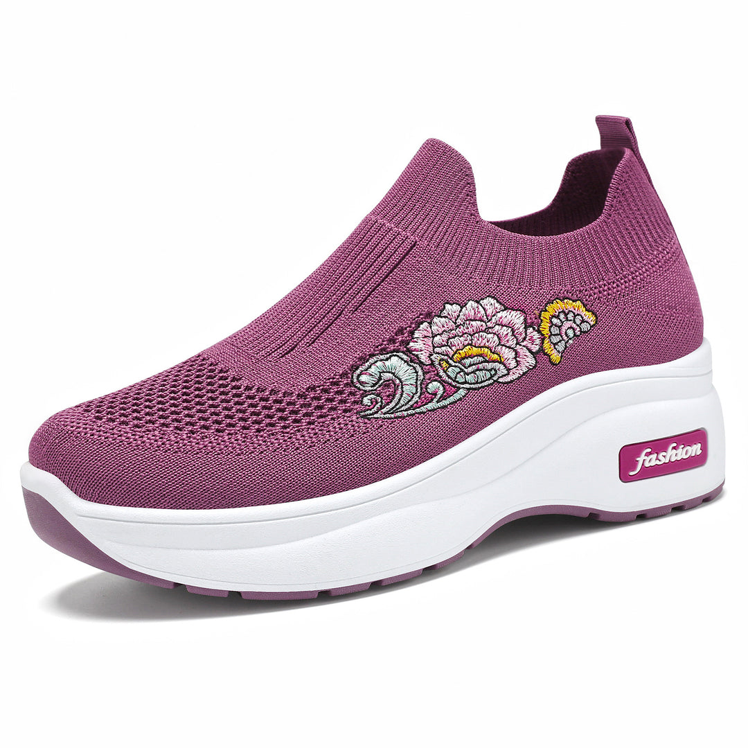 Damen nan elastischer Strick-Slipper mit aufgesticktem Blumenmotiv und stützender Keil-Laufsohle Drune