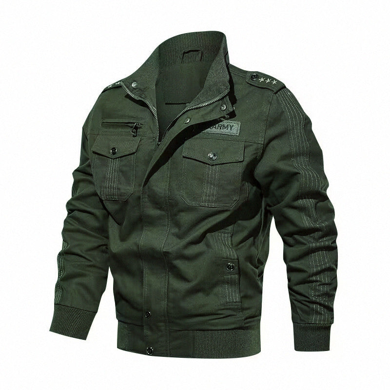 Herren Militärische Bomberjacke mit Epauletten, Stehkragen und Utility-Taschen Drune