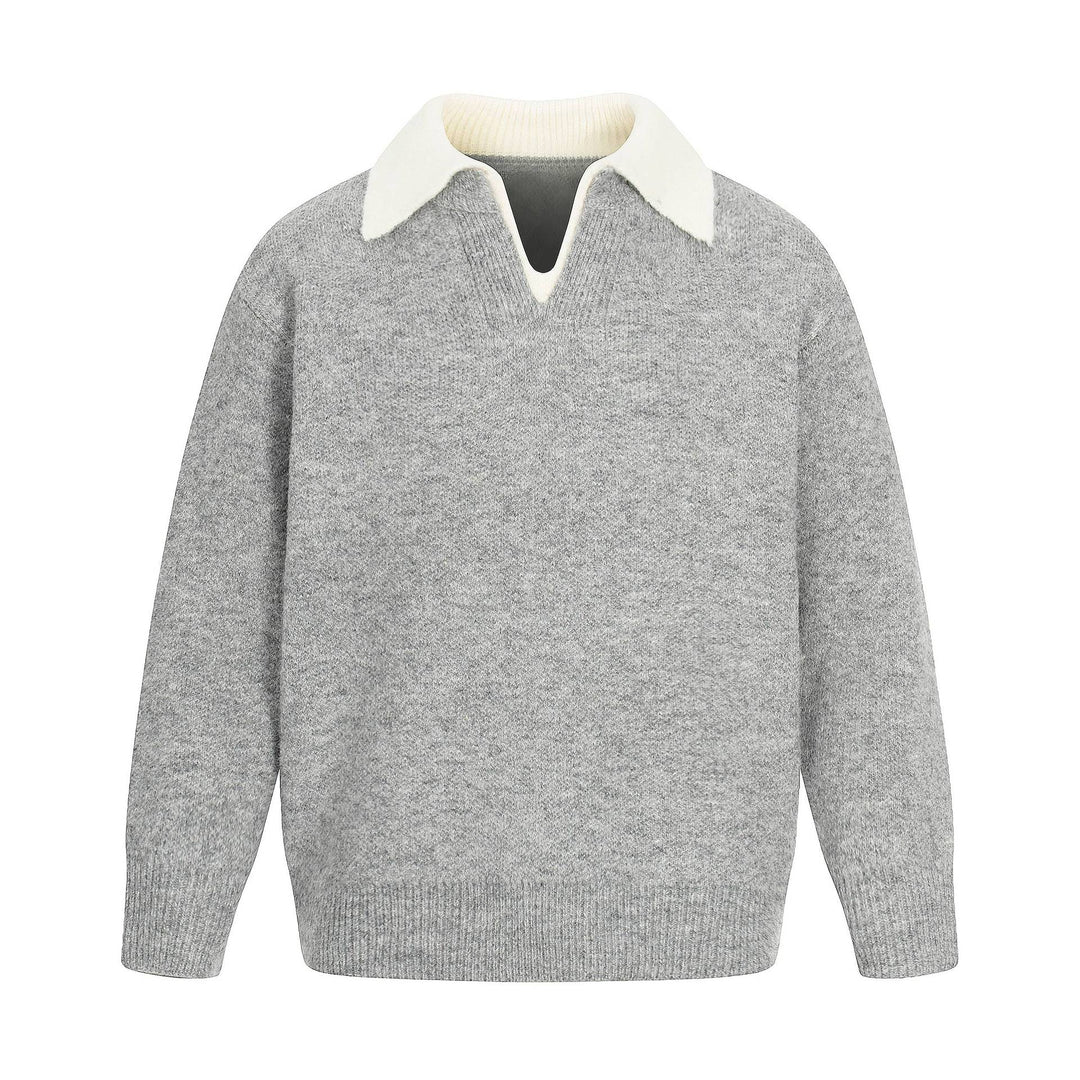 Damen Oversize Wollmix-Pullover mit kontrastpolokragen und V‑Ausschnitt Drune