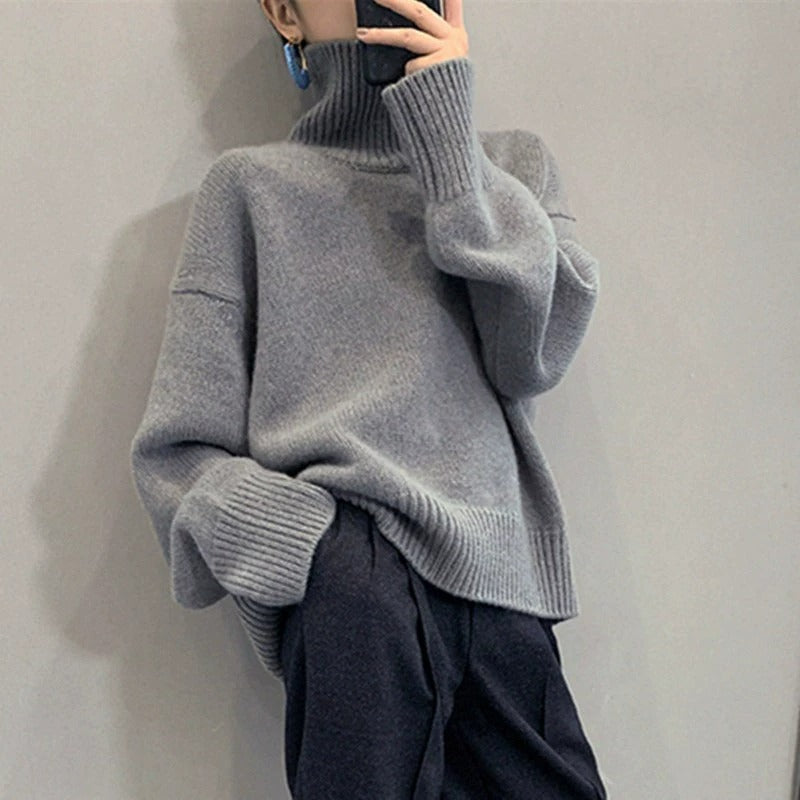 Damen Gemütlicher Strickpullover mit hohem Kragen Drune