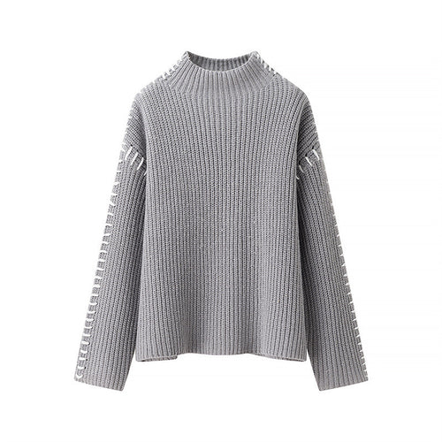Damen modischer Strickpullover mit hohen Kragen und eleganten Seitendetails Drune