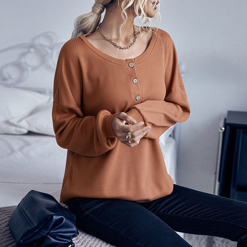 Damen Waffelstrick-Pullover mit Henley-Knopfleiste und überschnittener Schulter Drune