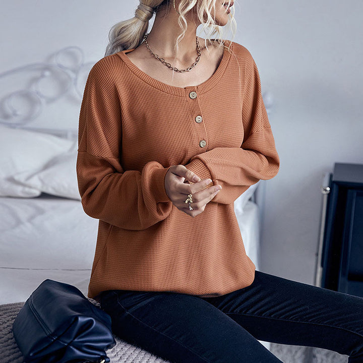 Damen Waffelstrick-Pullover mit Henley-Knopfleiste und überschnittener Schulter Drune