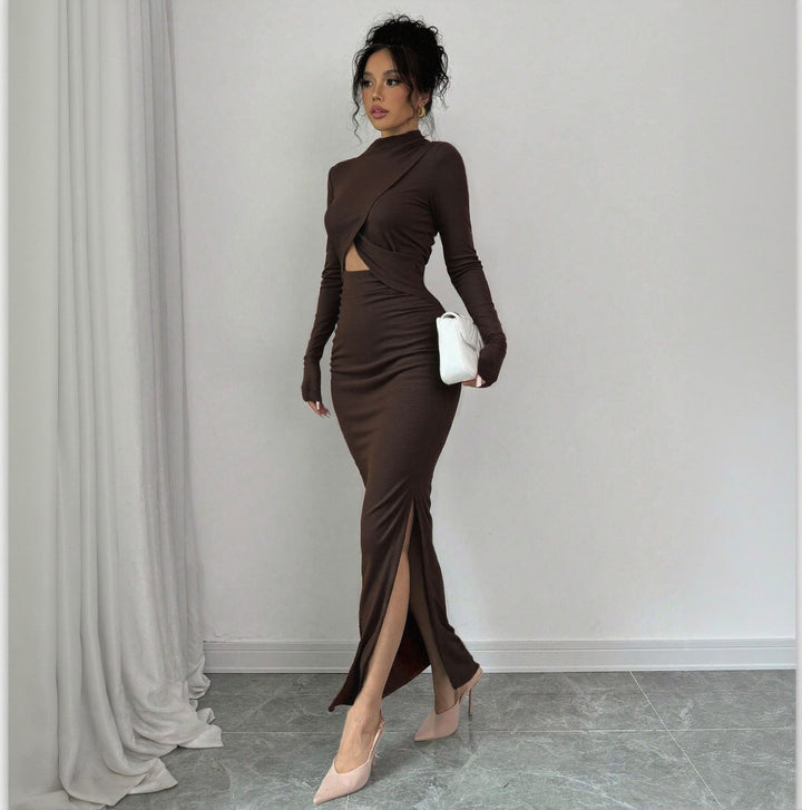 Damen geripptes Maxikleid mit gedrehtem Vorderteil Cut-Out taillierter Raffung und hohem Seitenschlitz Drune
