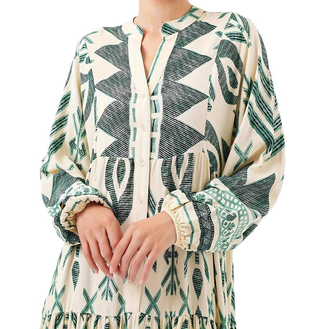 Damen Maxikleid mit kunstvollem geometrischen Muster und Knopfdetails Drune