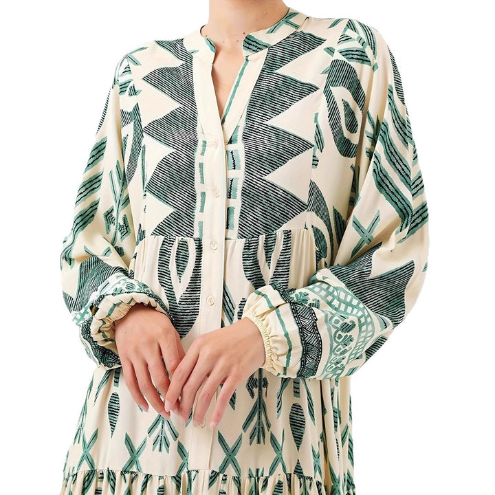 Damen Maxikleid mit kunstvollem geometrischen Muster und Knopfdetails Drune
