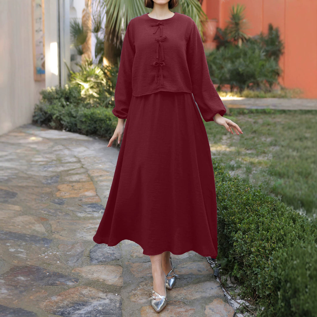 Damen Langes Zweiteiliges Maxikleid mit Überwurf, Rundhals und Zierknoten Drune