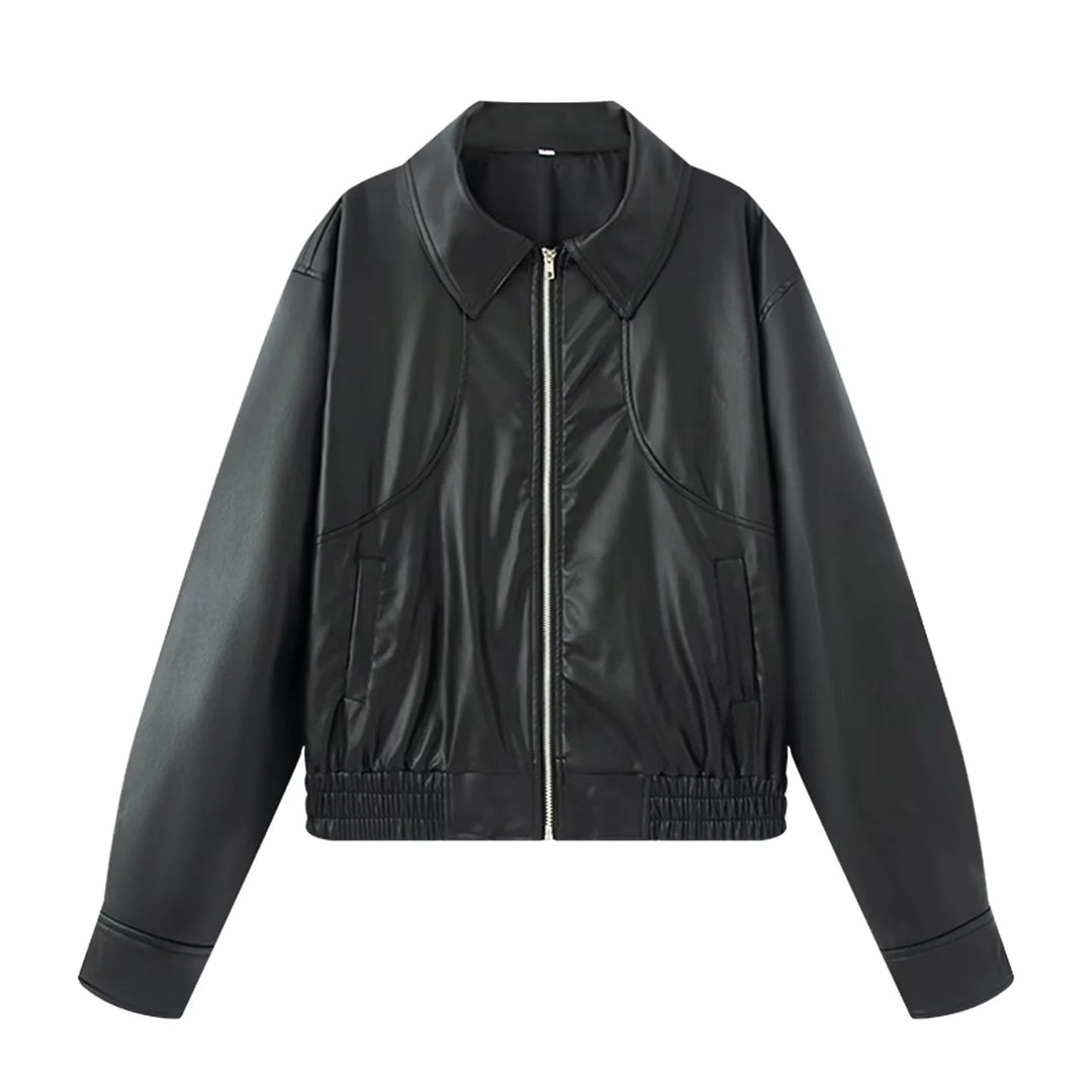 Damen nan Oversize Kunstlederjacke im Bomberstil mit Hemdkragen, kontrastierender Materialoptik und elastischem Saum Drune