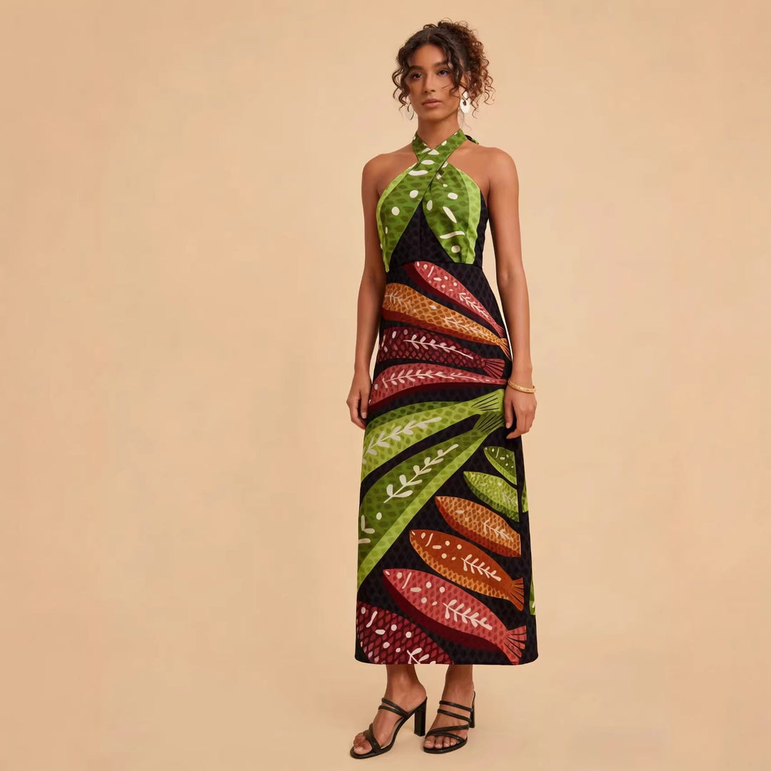Damen Halterneck Maxikleid mit buntem Blattdesign und schwingendem Schnitt Drune